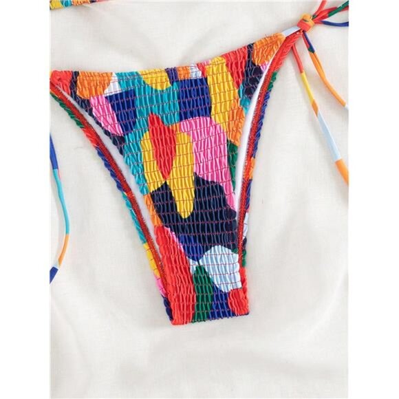 Swim Summer Beach Color Block Smocked Halter Triangle Bikini Set - Picture 4 of 5